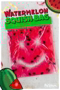 Looking for a quick, easy, and fun watermelon activities for preschoolers? This watermelon squish bag is a fun watermelon activity for children to use as a summer activity or along with a watermelon theme. This NO MESS activity allows toddler, preschool, pre-k, kindergarten, and first graders to draw, write letters, or squish the watermelon looking sensory bag. So simple, but so fun!