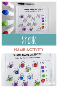Looking for a fun, engaging Preschool Name Activity? There are lots of fun name games for preschoolers, but sometimes you just want a quick and easy name recognition worksheet! This name recognition preschool activity uses a shark theme to keep pre-k and kindergarten age kids interested while learning letters that spell their name. Simply download pdf file with name recognition activities for preschool and you are ready to play and learn!